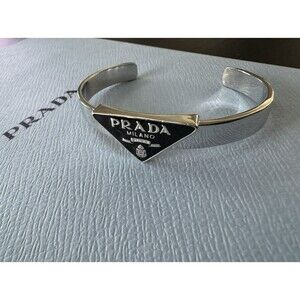 Prada Signature Black Enamel Triangle Symbole Logo Silver Tone Open Cuff Bangle